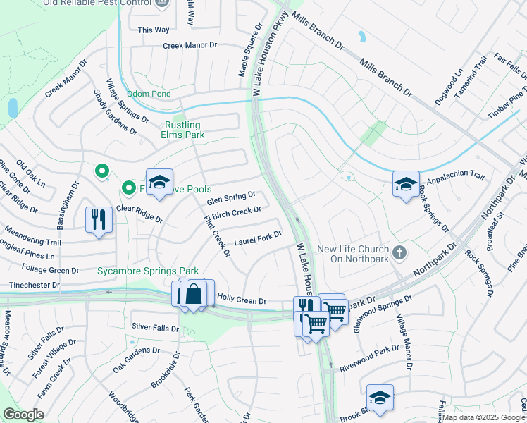 map of restaurants, bars, coffee shops, grocery stores, and more near 3323 Birch Creek Drive in Humble