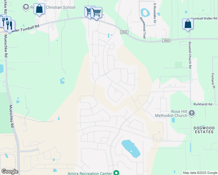 map of restaurants, bars, coffee shops, grocery stores, and more near Reynolds Reserve Way in Tomball