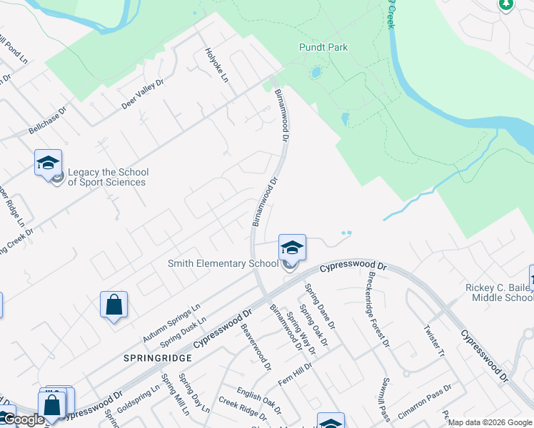 map of restaurants, bars, coffee shops, grocery stores, and more near 25099 Birnamwood Boulevard in Spring