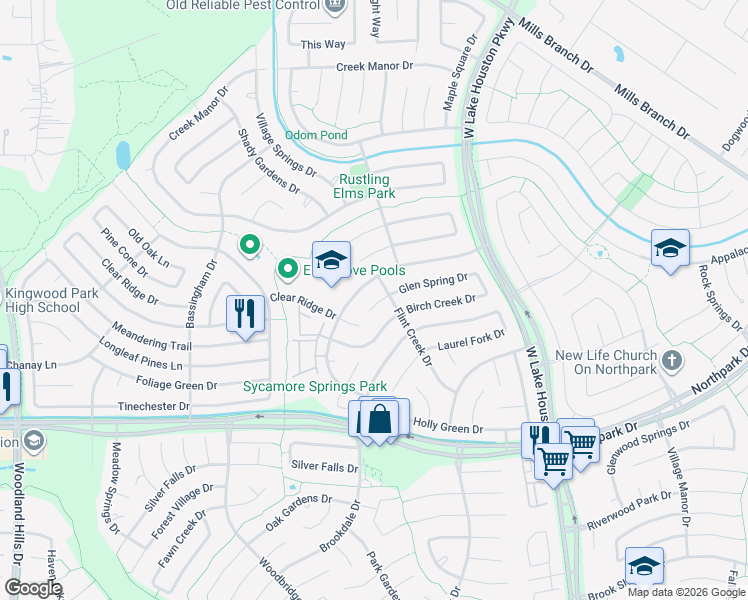 map of restaurants, bars, coffee shops, grocery stores, and more near 3019 Glen Spring Drive in Humble