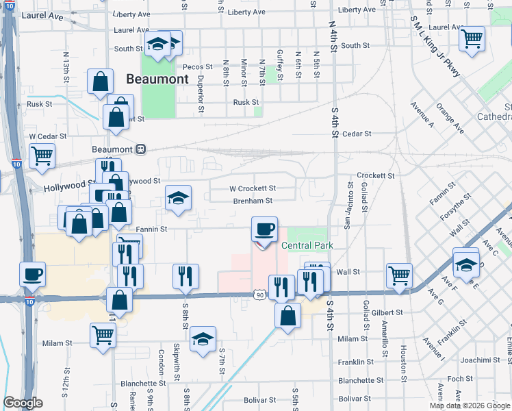 map of restaurants, bars, coffee shops, grocery stores, and more near 3099 Brenham Street in Beaumont