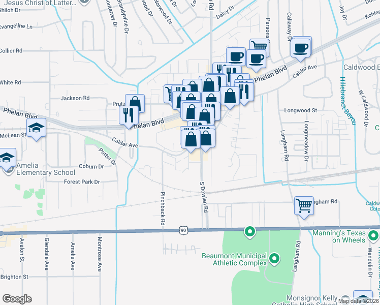 map of restaurants, bars, coffee shops, grocery stores, and more near 142 South Dowlen Road in Beaumont