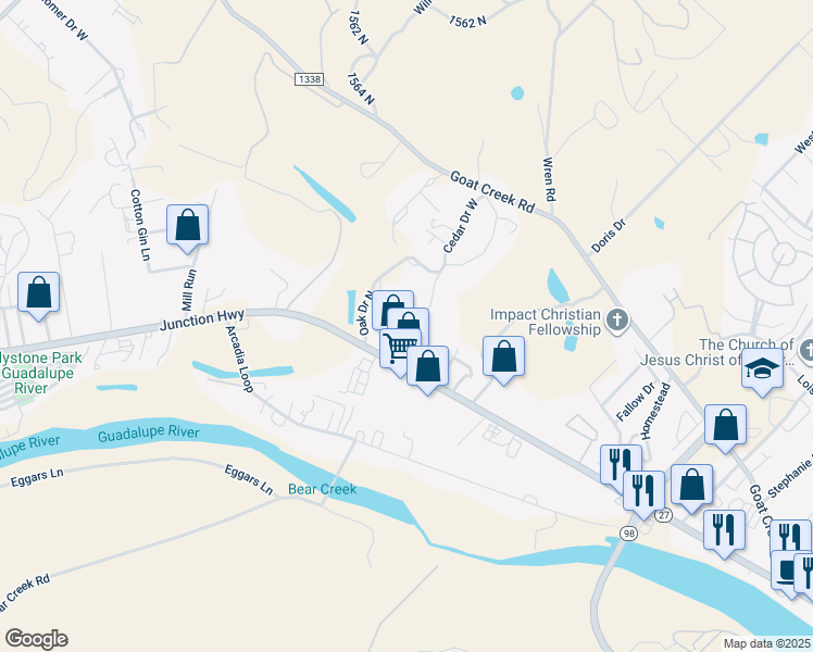 map of restaurants, bars, coffee shops, grocery stores, and more near 125 Oak Drive South in Kerrville