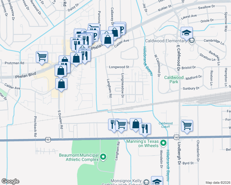 map of restaurants, bars, coffee shops, grocery stores, and more near 5980 Meadow Way in Beaumont