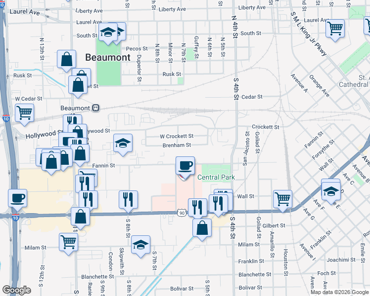 map of restaurants, bars, coffee shops, grocery stores, and more near 3099 Brenham Street in Beaumont