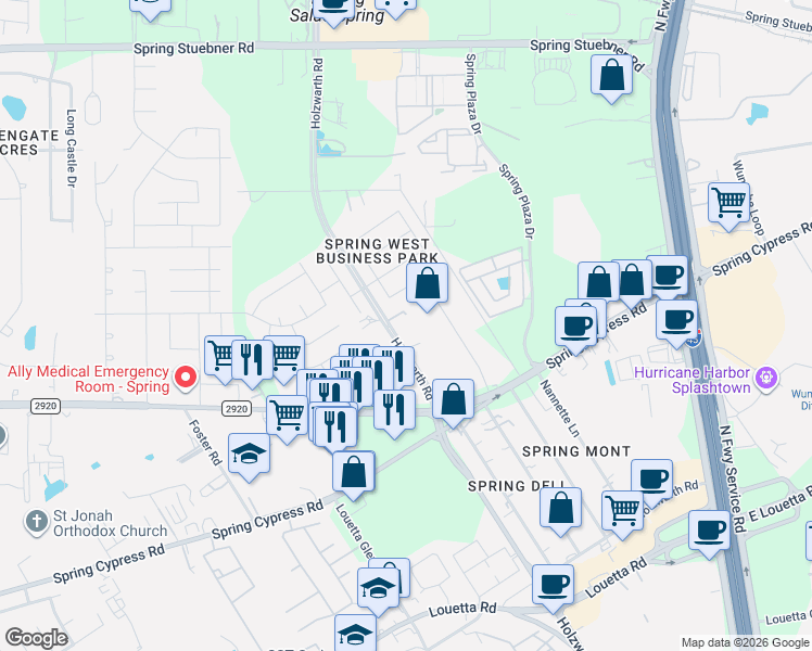 map of restaurants, bars, coffee shops, grocery stores, and more near 21900 Holzwarth Road in Spring