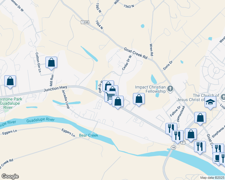 map of restaurants, bars, coffee shops, grocery stores, and more near 125 Oak Drive South in Kerrville