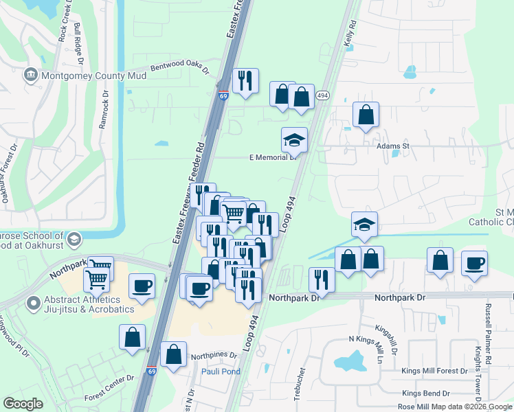 map of restaurants, bars, coffee shops, grocery stores, and more near 25710 Texas 494 Loop in Porter