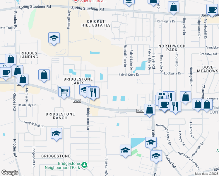 map of restaurants, bars, coffee shops, grocery stores, and more near 22110 Pacific Ocean Drive in Spring