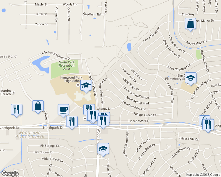 map of restaurants, bars, coffee shops, grocery stores, and more near 2303 Longleaf Pines Lane in Houston