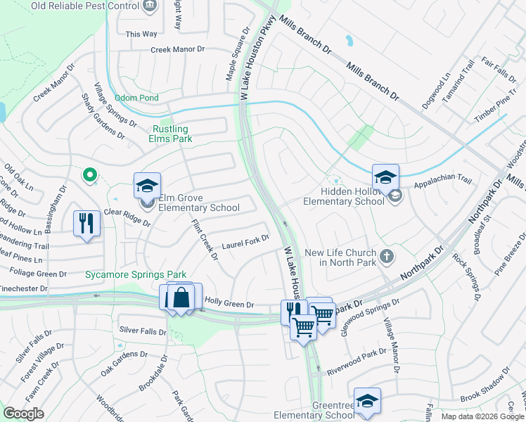map of restaurants, bars, coffee shops, grocery stores, and more near 3323 Birch Creek Drive in Humble