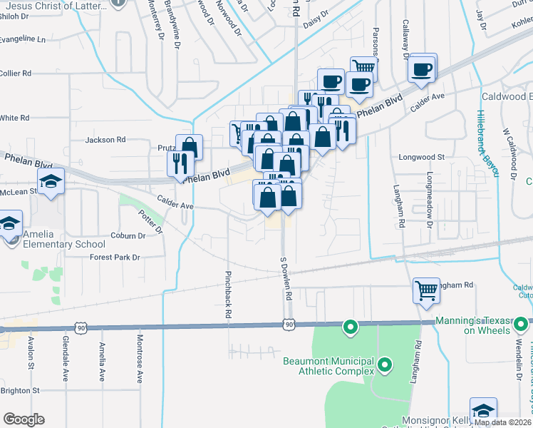 map of restaurants, bars, coffee shops, grocery stores, and more near 142 South Dowlen Road in Beaumont