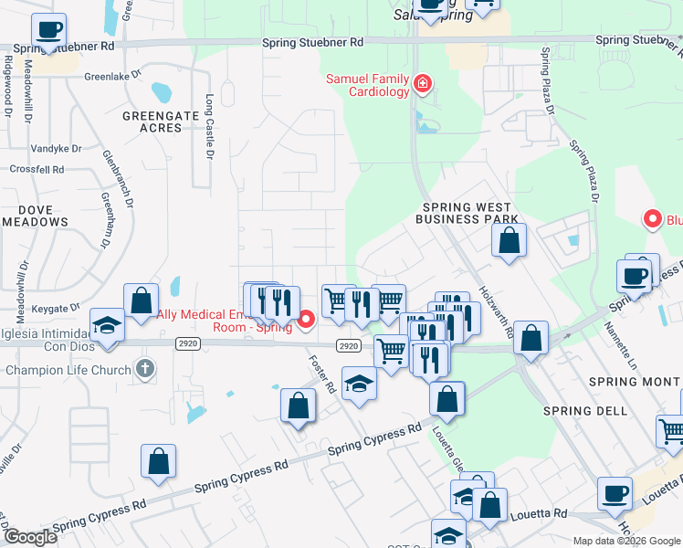map of restaurants, bars, coffee shops, grocery stores, and more near 21426 Harvest Grove Court in Spring