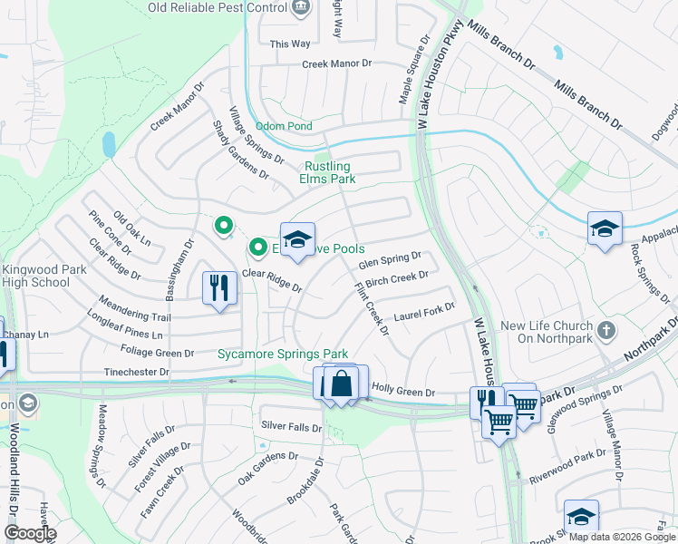 map of restaurants, bars, coffee shops, grocery stores, and more near 3019 Glen Spring Drive in Humble