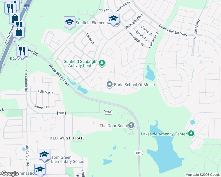 map of restaurants, bars, coffee shops, grocery stores, and more near 222 Rough Leaf Drive in Buda