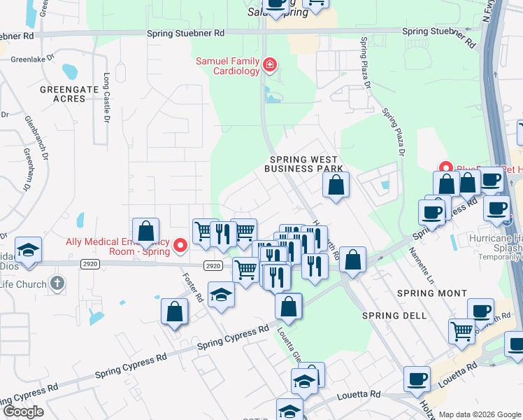 map of restaurants, bars, coffee shops, grocery stores, and more near 2123 Hannover Way in Spring