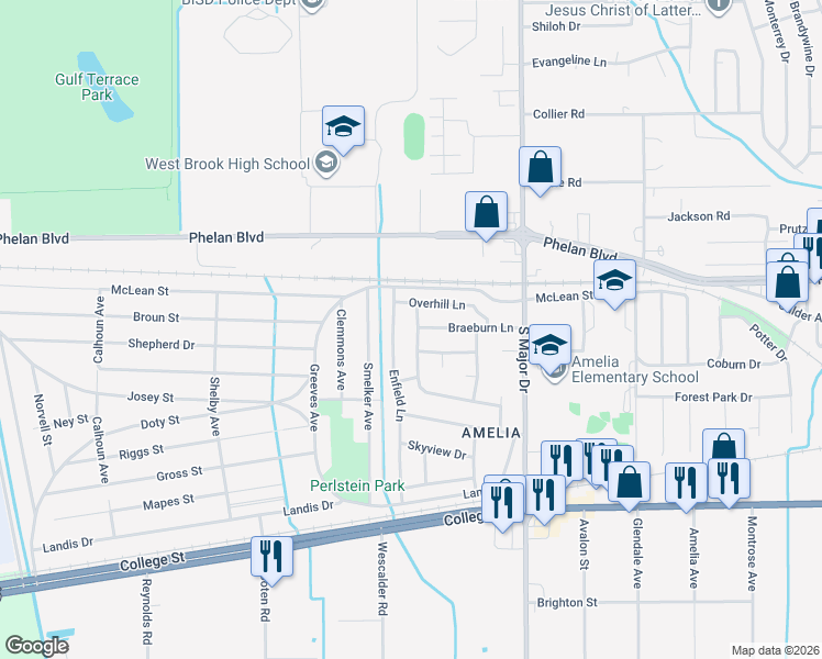 map of restaurants, bars, coffee shops, grocery stores, and more near 190 Ferndale Lane in Beaumont