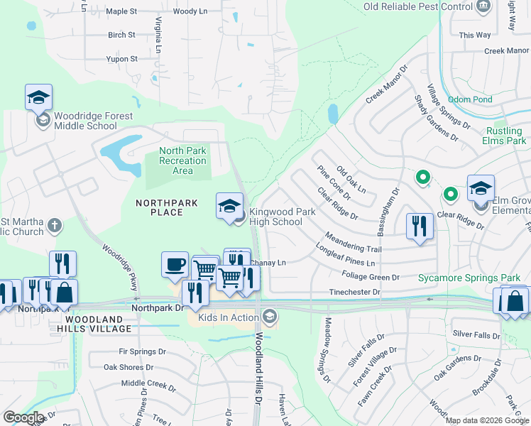 map of restaurants, bars, coffee shops, grocery stores, and more near 2203 Longleaf Pines Lane in Humble