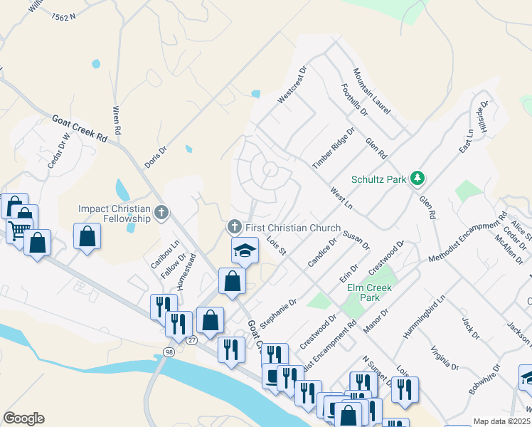 map of restaurants, bars, coffee shops, grocery stores, and more near 1808 Chateau in Kerrville