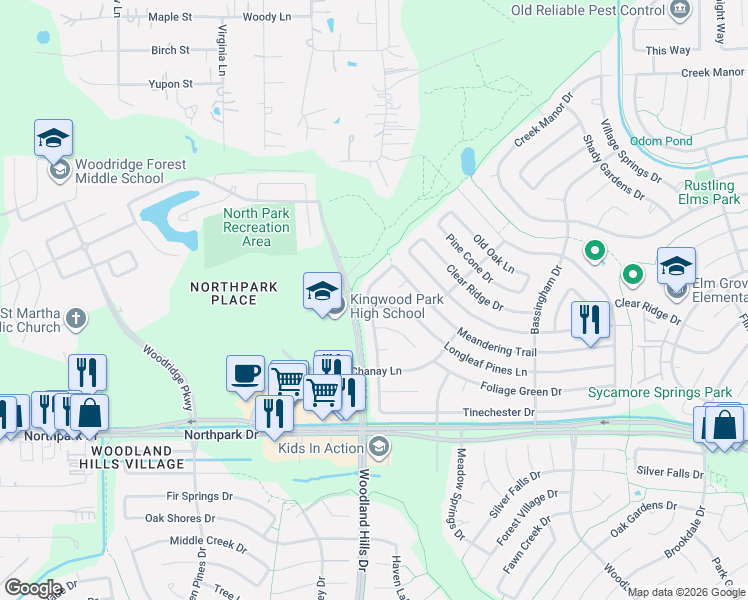 map of restaurants, bars, coffee shops, grocery stores, and more near 2203 Longleaf Pines Lane in Humble