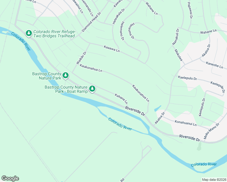 map of restaurants, bars, coffee shops, grocery stores, and more near 138 Kahana Lane in Bastrop