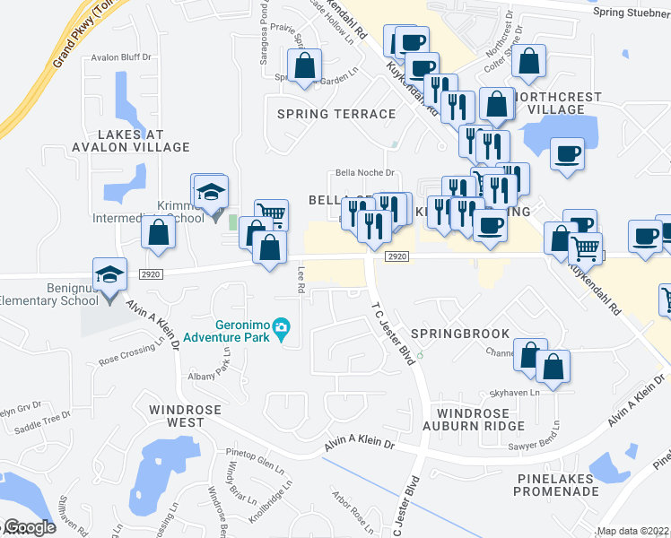 map of restaurants, bars, coffee shops, grocery stores, and more near 6525 Farm to Market 2920 in Spring
