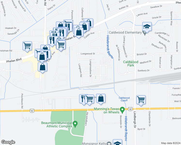 map of restaurants, bars, coffee shops, grocery stores, and more near 5940 Meadow Way in Beaumont