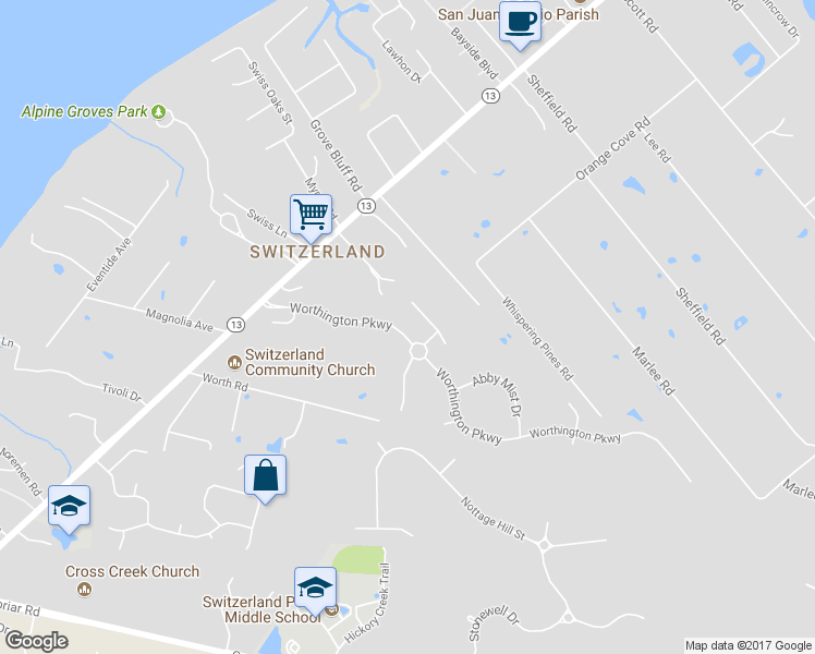 map of restaurants, bars, coffee shops, grocery stores, and more near 158 Worthington Parkway in Fruit Cove