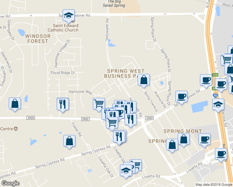 map of restaurants, bars, coffee shops, grocery stores, and more near 21303 Timber Pines Drive in Spring