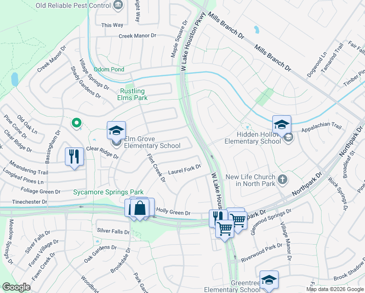 map of restaurants, bars, coffee shops, grocery stores, and more near 3311 Birch Creek Drive in Humble