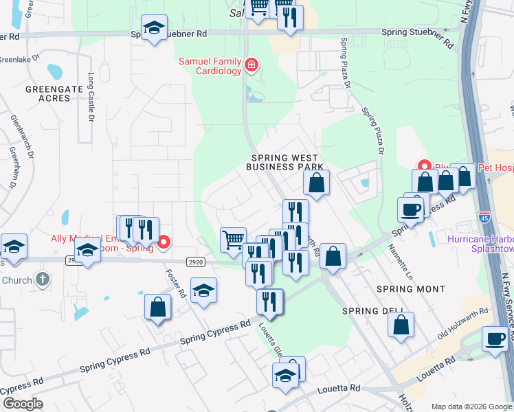 map of restaurants, bars, coffee shops, grocery stores, and more near 21303 Timber Pines Drive in Spring