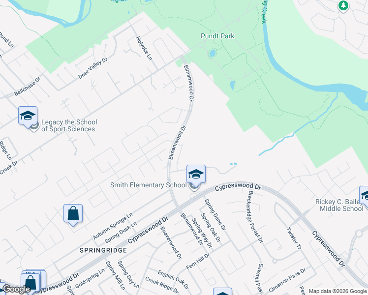 map of restaurants, bars, coffee shops, grocery stores, and more near 25099 Birnamwood Boulevard in Spring