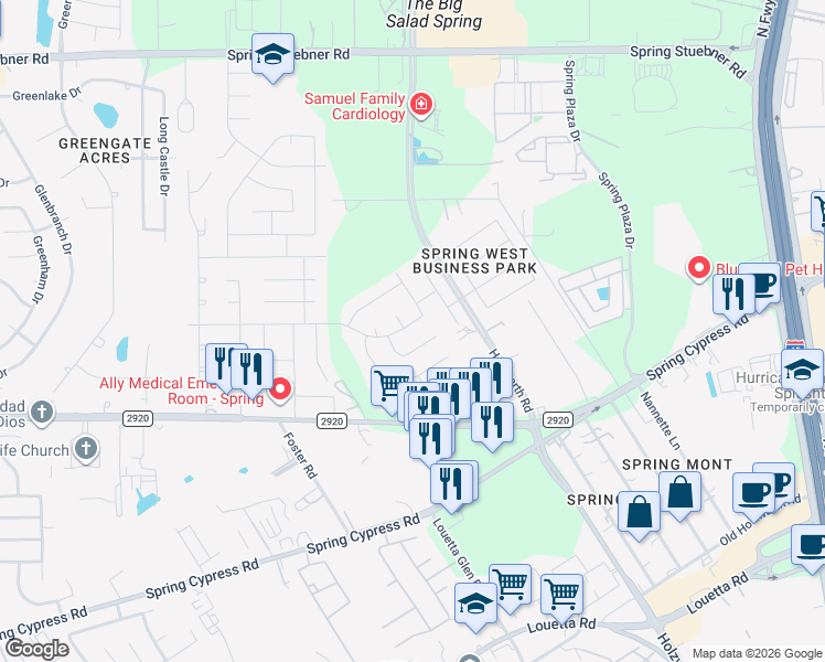 map of restaurants, bars, coffee shops, grocery stores, and more near 2123 Hannover Way in Spring