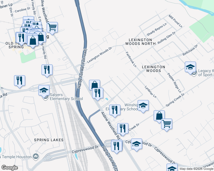 map of restaurants, bars, coffee shops, grocery stores, and more near 2018 Whispering Springs Drive in Spring