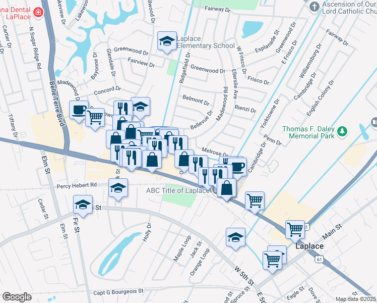 map of restaurants, bars, coffee shops, grocery stores, and more near 101 Ormond Boulevard in LaPlace