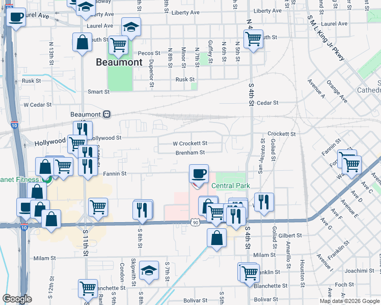 map of restaurants, bars, coffee shops, grocery stores, and more near 3098 Brenham Street in Beaumont