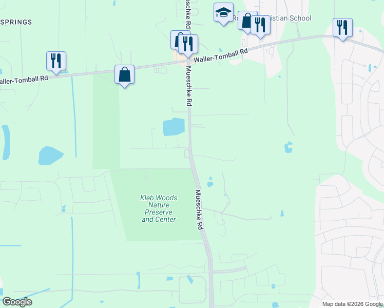 map of restaurants, bars, coffee shops, grocery stores, and more near 21538 Mueschke Road in Tomball
