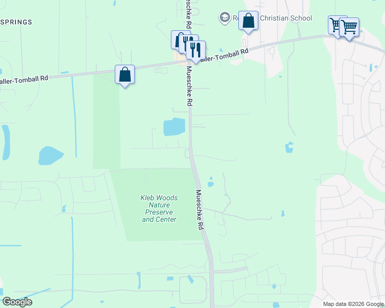 map of restaurants, bars, coffee shops, grocery stores, and more near 21538 Mueschke Road in Tomball
