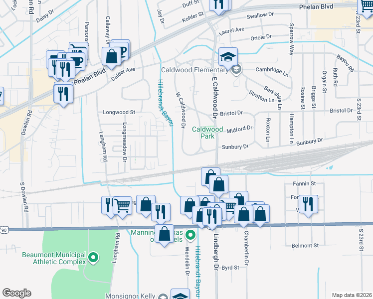 map of restaurants, bars, coffee shops, grocery stores, and more near 325 West Caldwood Drive in Beaumont