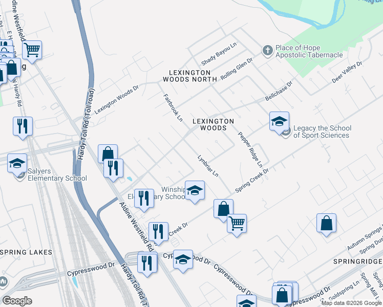 map of restaurants, bars, coffee shops, grocery stores, and more near 25406 Tuckahoe Lane in Spring