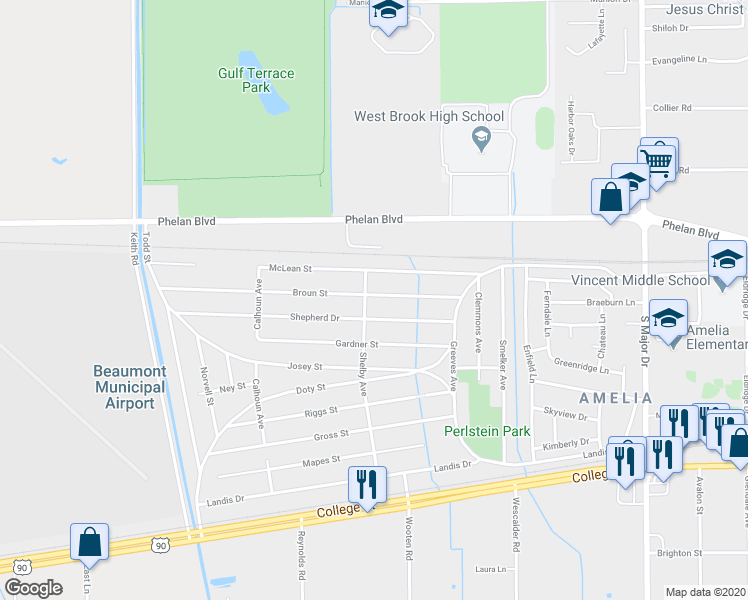 map of restaurants, bars, coffee shops, grocery stores, and more near 9265 Broun Street in Beaumont