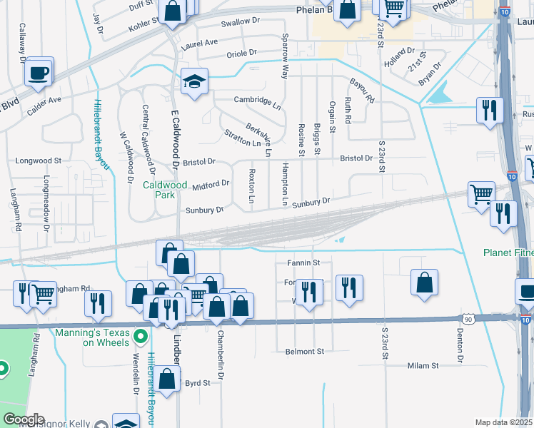 map of restaurants, bars, coffee shops, grocery stores, and more near 4815 Sunbury Drive in Beaumont