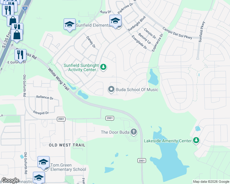 map of restaurants, bars, coffee shops, grocery stores, and more near 222 Rough Leaf Drive in Buda