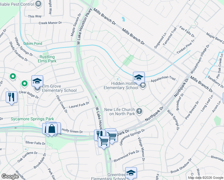 map of restaurants, bars, coffee shops, grocery stores, and more near 3626 Red Oak Branch Lane in Houston