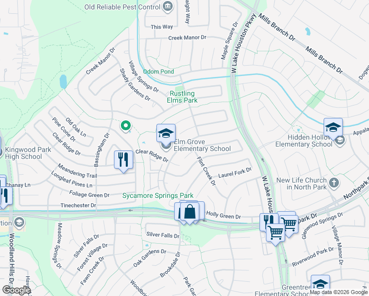 map of restaurants, bars, coffee shops, grocery stores, and more near 3034 Sycamore Springs Drive in Houston
