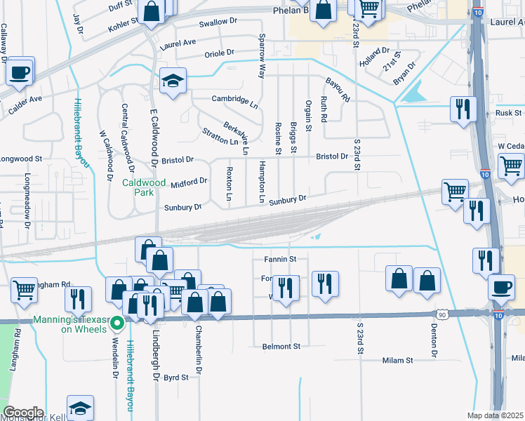 map of restaurants, bars, coffee shops, grocery stores, and more near 4615 Sunbury Dr in Beaumont