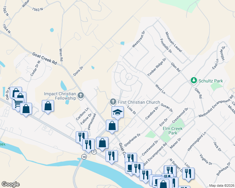 map of restaurants, bars, coffee shops, grocery stores, and more near 1904 Chateau in Kerrville