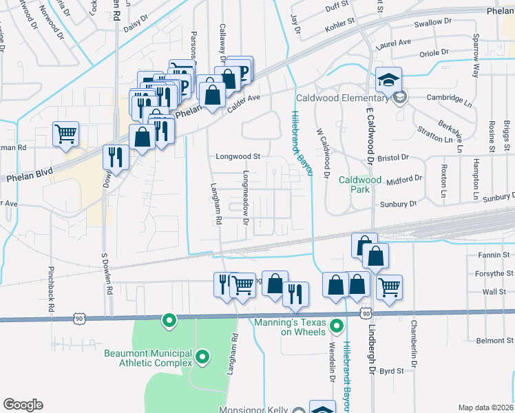 map of restaurants, bars, coffee shops, grocery stores, and more near 5878 Meadow Way in Beaumont