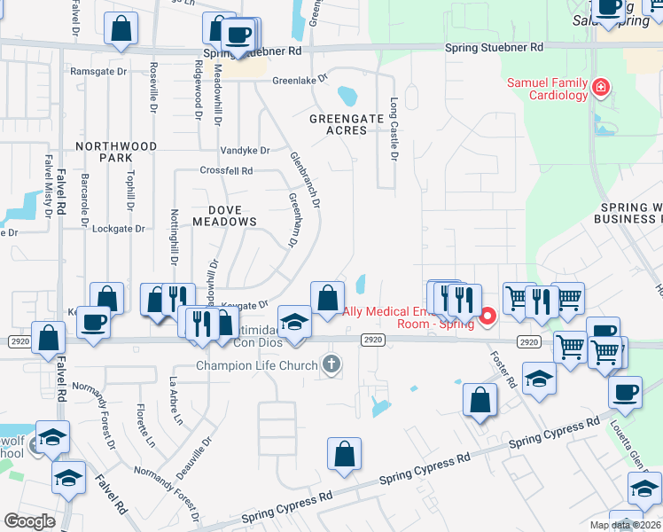 map of restaurants, bars, coffee shops, grocery stores, and more near 21323 Greengate Drive in Spring