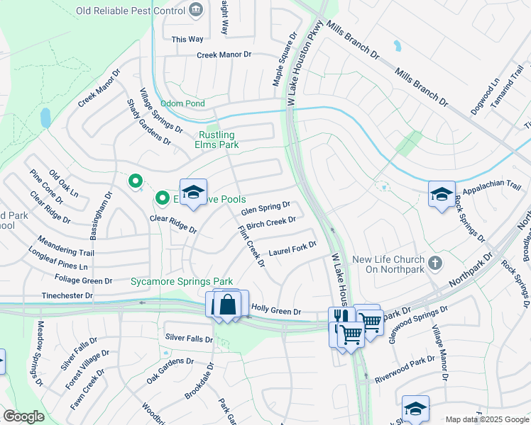 map of restaurants, bars, coffee shops, grocery stores, and more near 3219 Birch Creek Drive in Humble